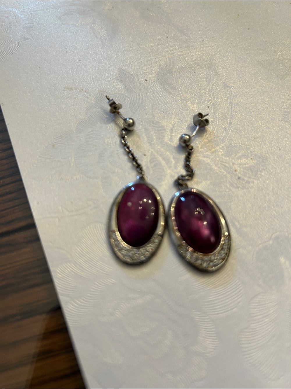 Sterling Silver Drop Earrings with Purple Cabochon and Pavé Accents